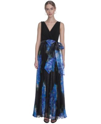 Eliza J - Petite Mixed-Media V-Neck Sleeveless Pleated Gown