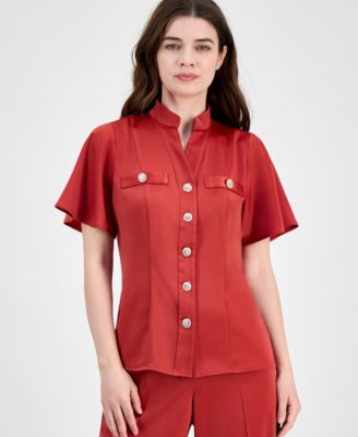 Anne Klein - Women's Flutter-Sleeve Button-Front Blouse