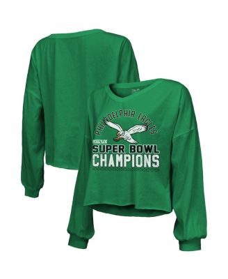 Majestic - Women's Kelly Green Philadelphia Eagles Super Bowl LIX Champions Hard Count Retro Off Shoulder V-Neck Long Sleeve T-Shirt