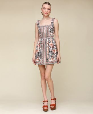 Avec Les Filles - Women's Printed Linen-Blend Bow-Strap Mini Dress