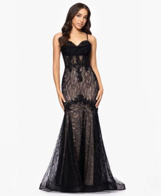 Blondie Nites - Juniors' Lace Sweetheart-Neck Lace-Up-Back Gown