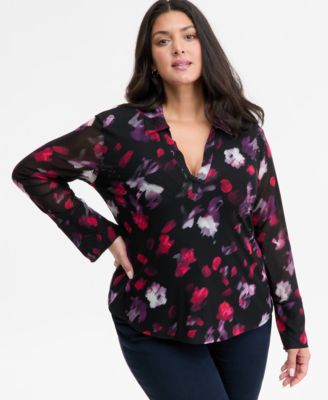I.N.C. International Concepts - Plus Size Printed Collared Mesh Top