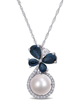 Macy's - Freshwater Cultured Pearl (7.5-8mm), Sapphire (1 3/5 ct. t.w.) and Diamond (1/8 ct. t.w.) Butterfly 17" Necklace in 10k White Gold