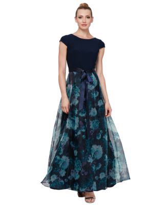 SL Fashions - Petite Floral-Organza Satin-Bow Gown
