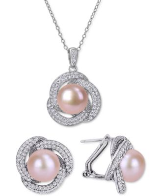 Macy's - 2-Pc. Set Pink Cultured Freshwater Pearl (9-1/2mm - 10-1/2mm) & Cubic Zirconia Love Knot Pendant Necklace & Matching Stud Earrings in Sterling Silver