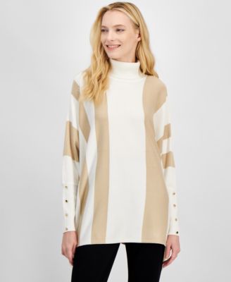 JM Collection - Plus Size Striped Turtleneck Poncho Sweater
