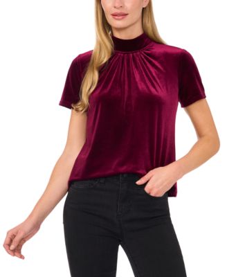 CeCe - Women's Velvet Mock-Neck Tie-Back Short-Sleeve Top