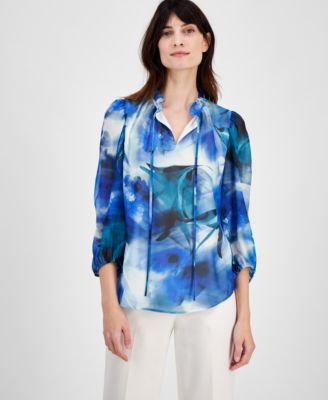 Anne Klein - Petite Tulla Watercolor-Print 3/4-Sleeve Top