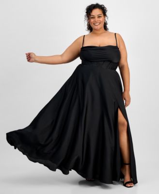 B Darlin - Trendy Plus Size High-Slit A-Line Satin Gown
