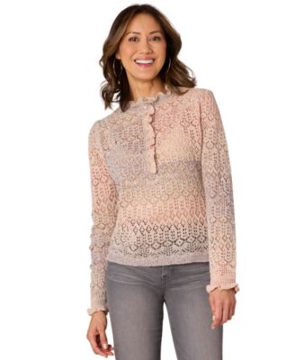 Democracy - Petite Ruffle-Neck Long-Sleeve Button-Front Top