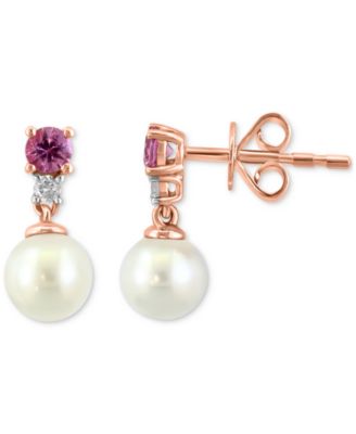EFFY Collection - Cultured Freshwater Pearl (5-1/2mm), Pink Sapphire (1/4 ct. t.w.), and Diamond (1/20 ct. t.w.) Drop Earrings in 14k Rose Gold