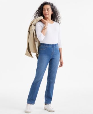Style & Co - Petite Mid-Rise Pull-On Straight-Leg Jeans