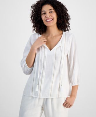 JM Collection - Petite Tie-Neck Embellished Pintuck-Trim Top