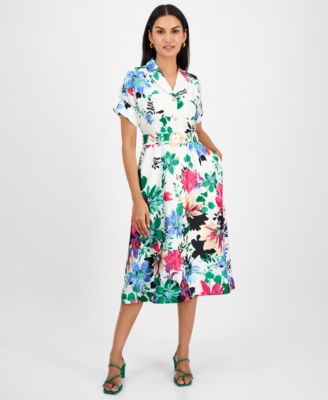 Tahari ASL - Women's Collared Short-Sleeve Midi Shirtdress
