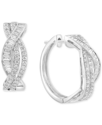 EFFY Collection - Diamond Round & Baguette Twist Style Small Hoop Earrings (1-1/6 ct. t.w.) in 14k White Gold, 0.6"