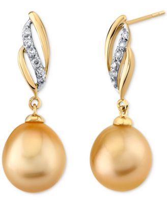 Macy's - Cultured Golden South Sea Pearl (9mm) & Diamond (1/10 ct. t.w.) Drop Earrings in 14k Gold