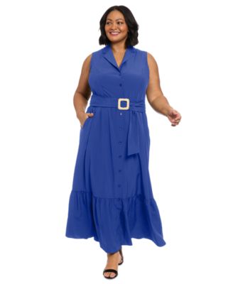 London Times - Plus Size Notched Collar Belted Maxi Shirtdress