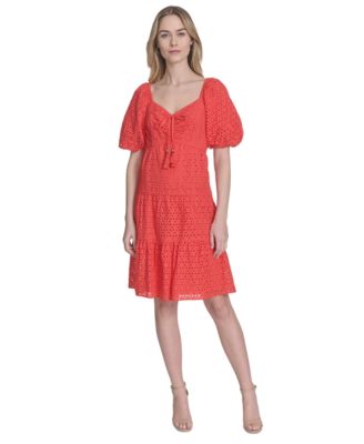 Vince Camuto - Women's V-Neck Short-Puff-Sleeve Eyelet Dress
