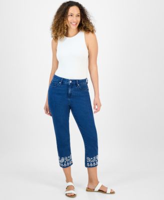 Style & Co - Petite Embroidered-Hem Cropped Jeans
