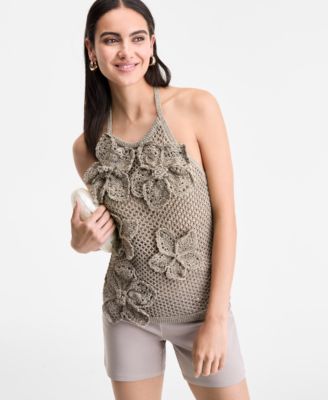 I.N.C. International Concepts - Women's Floral-Appliqu&eacute; Metallic-Knit Halter Top, Exclusively at Macy's