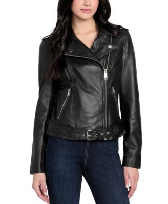GUESS - Women's Asymmetric Belted Leather Moto Jacket