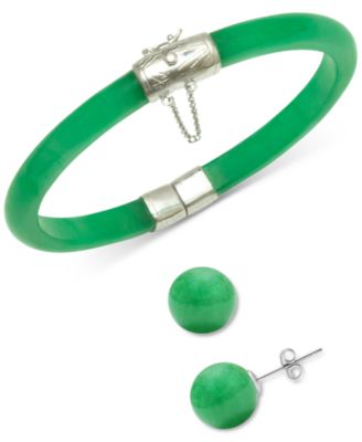 Macy's - 2-Pc. Set Dyed Green Jade (6mm) Bangle Bracelet & Green Jade (10mm) Stud Earrings in Sterling Silver