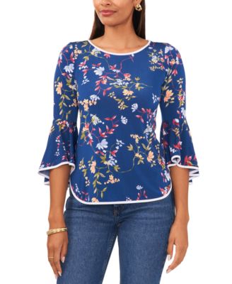 Sam & Jess - Petite Floral-Print Bell-Sleeve Piped Top