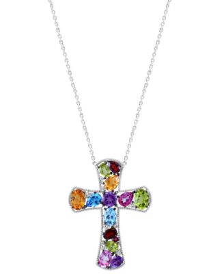 EFFY Collection - Multi-Gemstone Cross 18" Pendant Necklace (9-3/4 ct. t.w.) in Sterling Silver