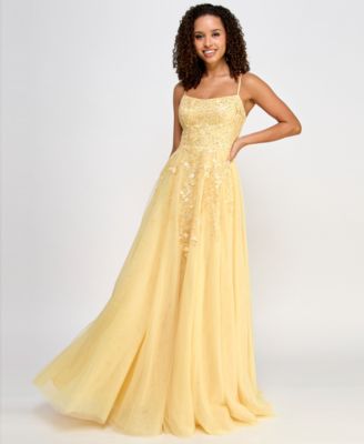 Say Yes - Juniors' Embellished Lace-Up Mesh Gown