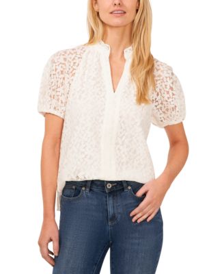 CeCe - Women's Floral Lace Puff Sleeve Split-Neck Top
