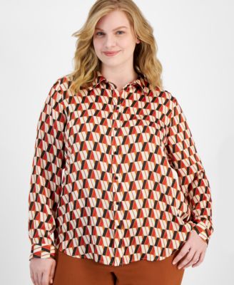 Tahari ASL - Plus Size Printed Collared Button-Front Shirt