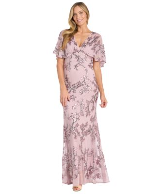 R & M Richards - Women's Sequin Embellished Cape-Sleeve Gown