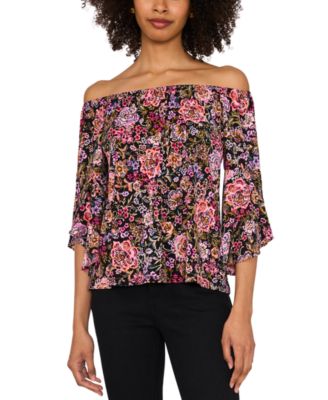 Sam & Jess - Petite Off-The-Shoulder Floral-Print Bell-Sleeve Top