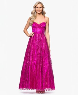 Blondie Nites - Juniors' Glitter Draped-Neck Gown