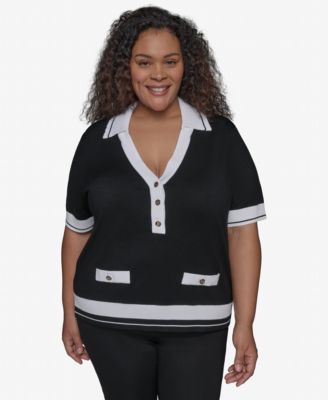 KARL LAGERFELD PARIS - Plus Size Short-Sleeve Polo Sweater