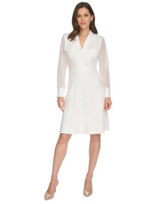 Calvin Klein - Petite Chiffon-Sleeve Faux-Wrap Dress