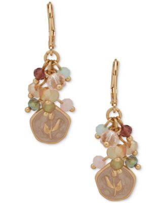 lonna & lilly - Gold-Tone Shaky Bead & Flower Motif Stone Drop Earrings
