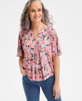 Style & Co - Women's Flutter-Sleeve Split-Neck Top