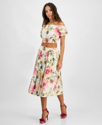 GUESS - Women's Elodie Floral-Print Smocked-Waist Skirt