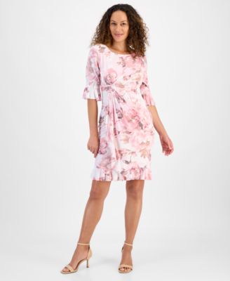 Connected - Petite Floral 3/4-Sleeve Ruffle-Hem Dress