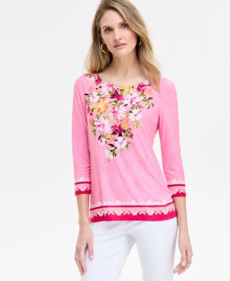 JM Collection - Petite Lisette Bouquet 3/4-Sleeve Jacquard Top