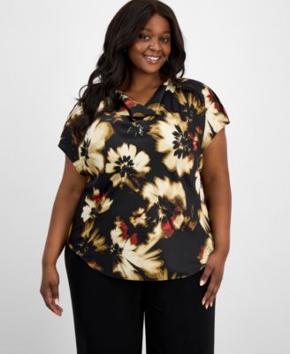Anne Klein - Plus Size Floral-Print Cap-Sleeve Top