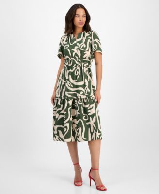 Robbie Bee - Women's Printed Smocked-Waist Midi Dress