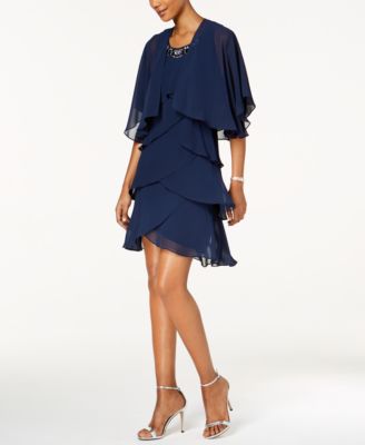 SL Fashions - Embellished Tiered Chiffon Dress & Capelet