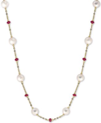 EFFY Collection - Cultured Freshwater Pearl (8mm) & Ruby (3-1/3 ct. t.w.) 18" Statement Necklace in 14k Gold (Also in Sapphire)