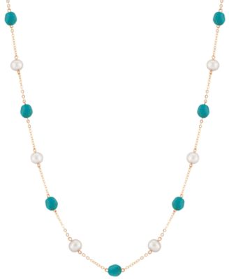 Macy's - Turquoise & Freshwater Pearl (8 x 6mm) 18" Collar Necklace in 14k Gold