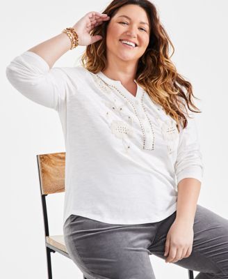 Style & Co - Plus Size Cotton Embroidered Split-Neck 3/4-Sleeve Top