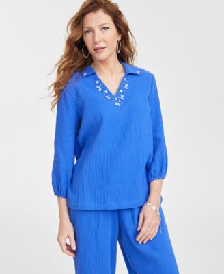 JM Collection - Petite Cotton Gauze Embellished-Neck Top