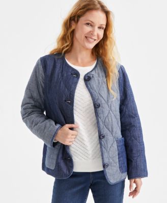 Style & Co - Petite Quilted Chambray Cotton Long-Sleeve Jacket