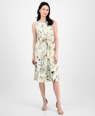 Anne Klein - Women's Floral-Print Tie-Waist Sleeveless Dress